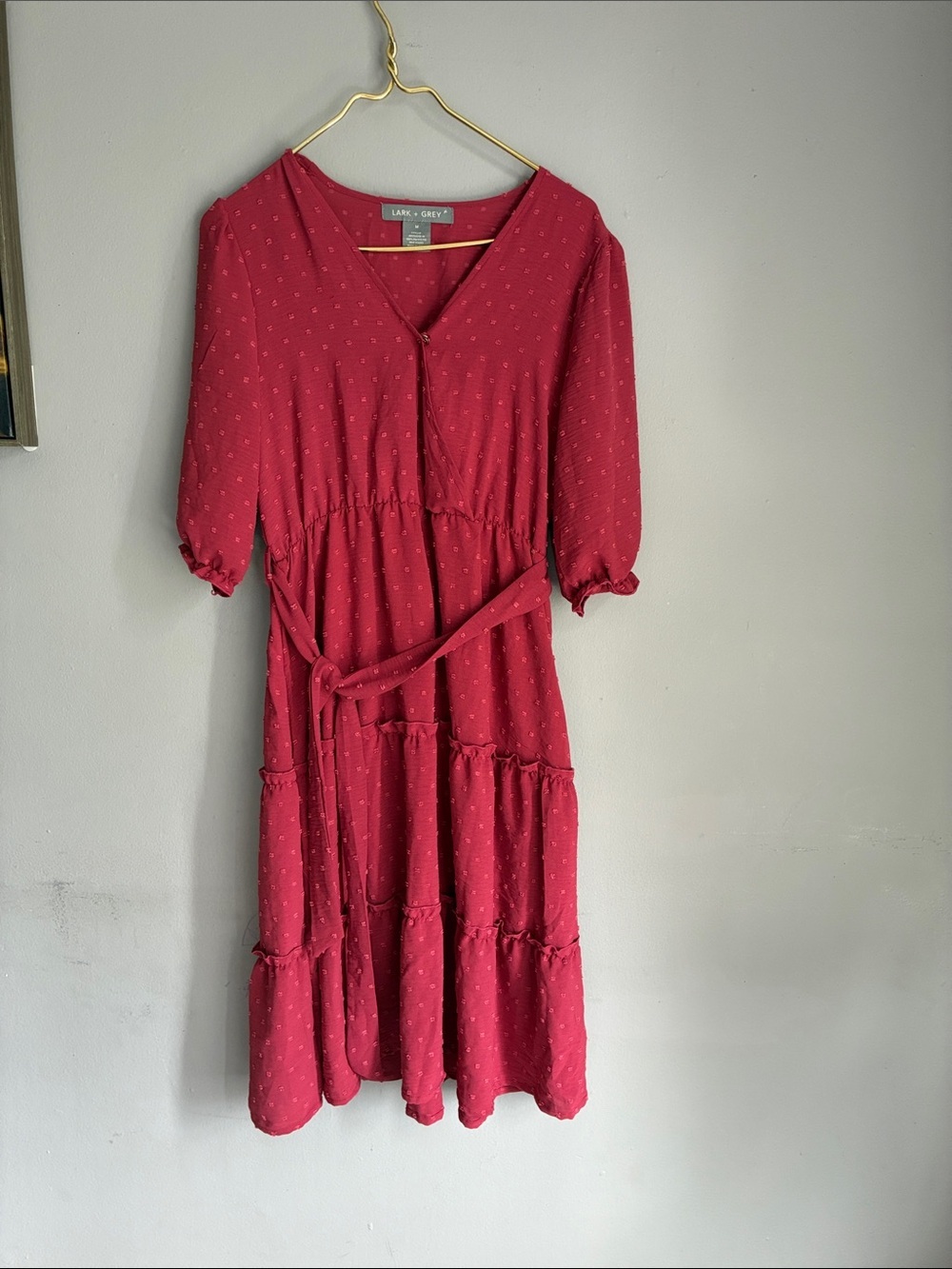 Lark & Grey Raspberry Red V-Neck Tiered Midi Dress with Self-Tie Belt